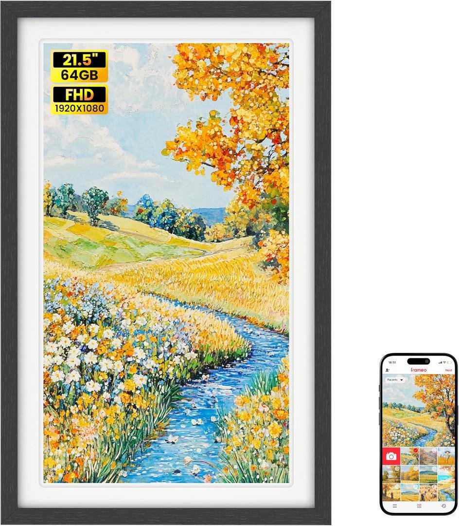 BIGASUO Digital Picture Frame Frameo 21.5" Large 1920 x 1080 IPS FHD WiFi Electronic Photo Frames 64GB Touch Screen Share Moments Instantly Best Photo Gifts for Parents and Grandparents Black Wood