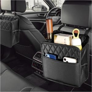 2 PCS Car Seat Back Organizer, Large Capacity Foldable Car Seat Back Hanging Bag with 3 Extra Pockets, Waterproof Leather Auto Seats Storage Organizer, Car Travel Essentials Accessories (Black)