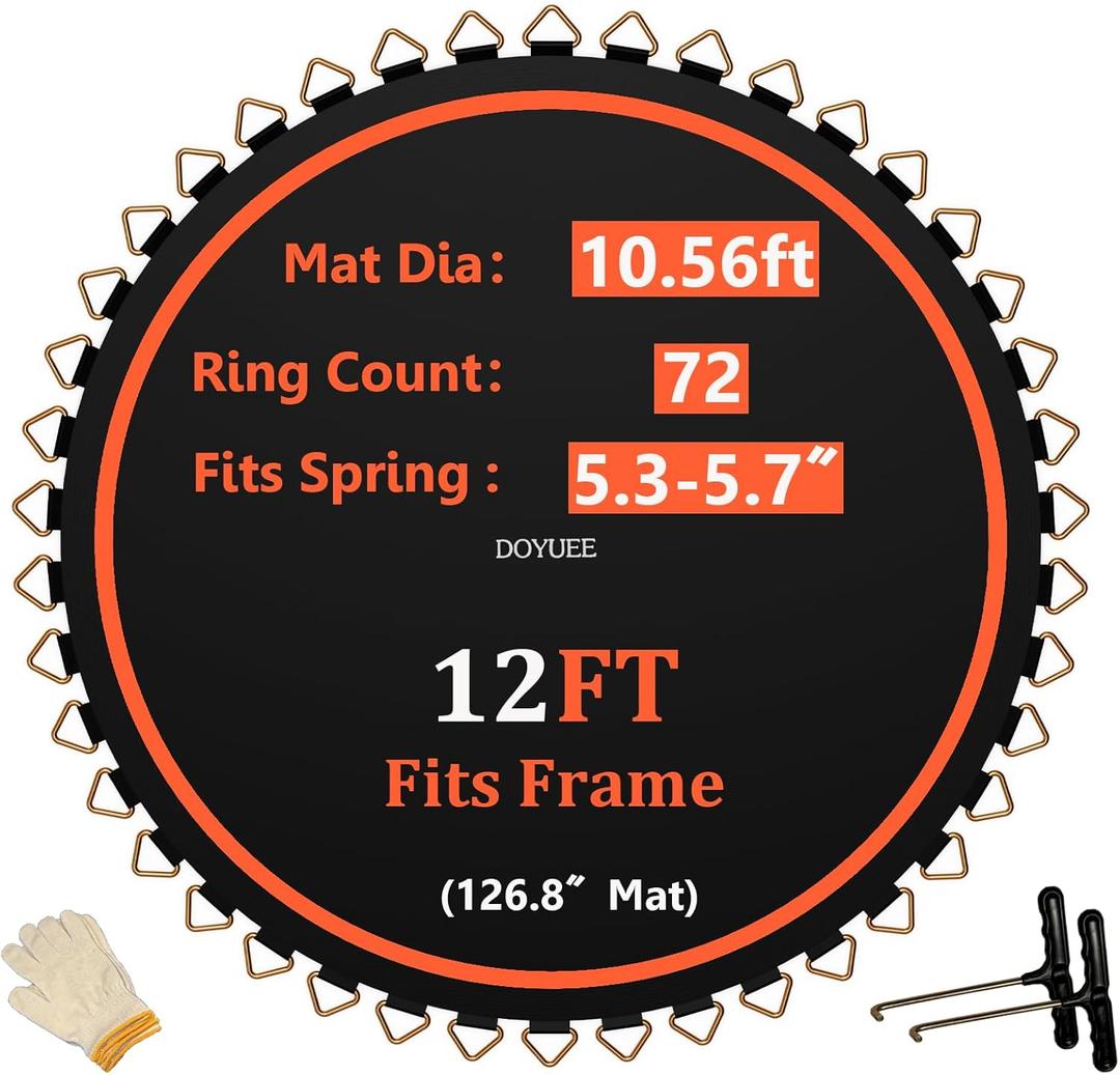 Doyuee Trampoline Mat 12FT，126.8in/ 10.56ft Dia Mat with 72 Rings, Fits 12FT Trampoline Frame Use 5.3"-5.7" Springs, 12ft Replacement Trampoline Mat, Black