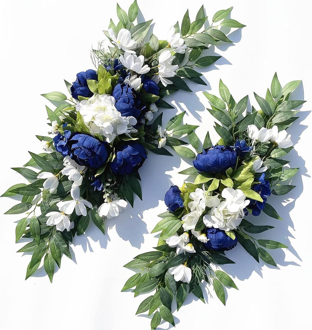 Wedding Arch Flowers, 2pcs Eucalyptus Leaves Corner Peony Floral Swags, Artificial Greenery Flower for Sheer Drapes, Wedding Chair, Arbor, Wedding Ceremony and Reception Arrangement Decoration (Royal Blue)