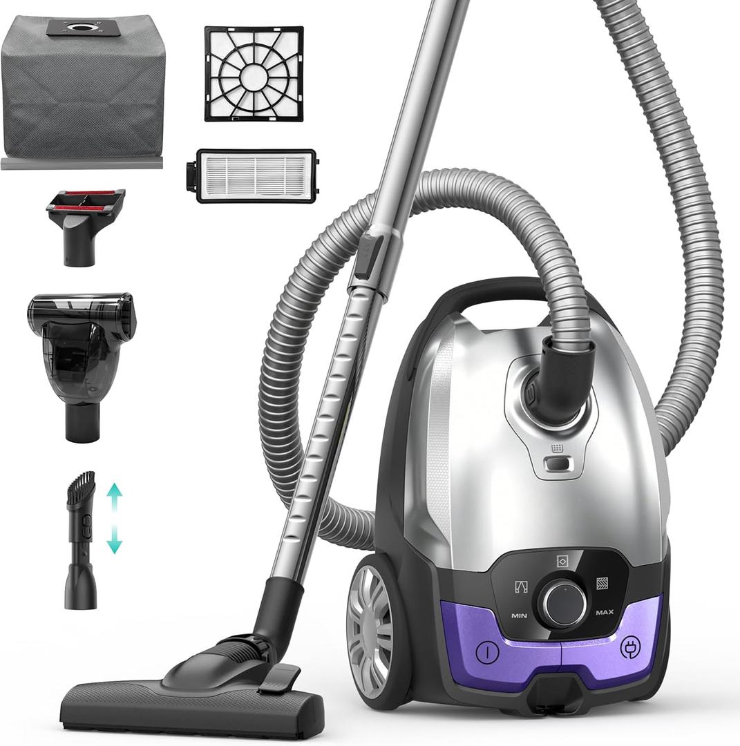 Aspiron Canister Vacuum,1700W/45KPA Bagged Vacuum Cleaner,Easy to Push