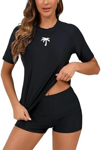 Halcurt Women's Built in Bra Rash Guard UPF 50 Two Piece Swimsuit Shirt and Board Shorts, L