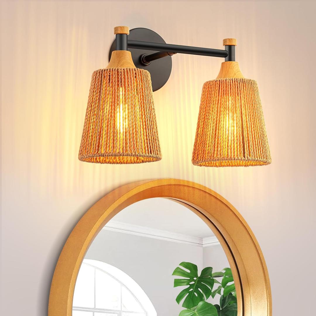 2-Light Bathroom Vanity Light, Boho Bathroom Light Fixtures Over Mirror Rattan Vanity Lighting Fixtures with Hand-Woven Lampshade Rustic Style Wall Sconce for Bedroom Living Room, 14.2 inch