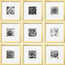 eletecpro 10x10 Picture Frames Set of 9 with Mat for 5x5 Photos or without Mat for 10x10, Square Gallery Wall Decor Collage for Picture Display, Gold Frame Set for Wall Hanging
