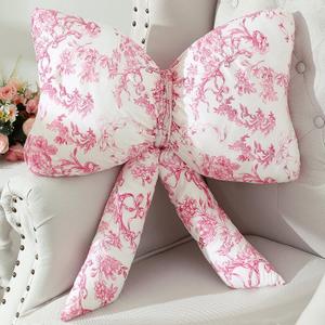 Bow Shaped Throw Pillow 24 Inch Large Pink and White Chinoiserie Floral Pillow Decorative Coquette Love Shack Fancy Decor for Sofa Bed Couch Living Room