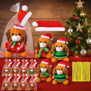 16 Pack Christmas Mini Stuffed Animal Bulk Plush Dogs for Kids 4'' Small Stuffed Puppy with Hat Scarf Plushies Dog Toys Gifts for Christmas Xmas Birthday Party Favors