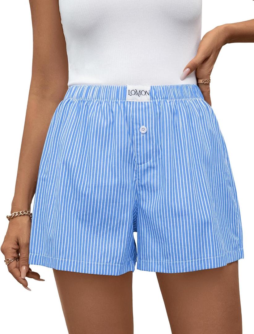 LOMON Womens Boxer Shorts Casual Summer Cotton Pajama Lounge Sleep Pj Gingham Plaid Shorts Y2K Beach Bottoms (Large)