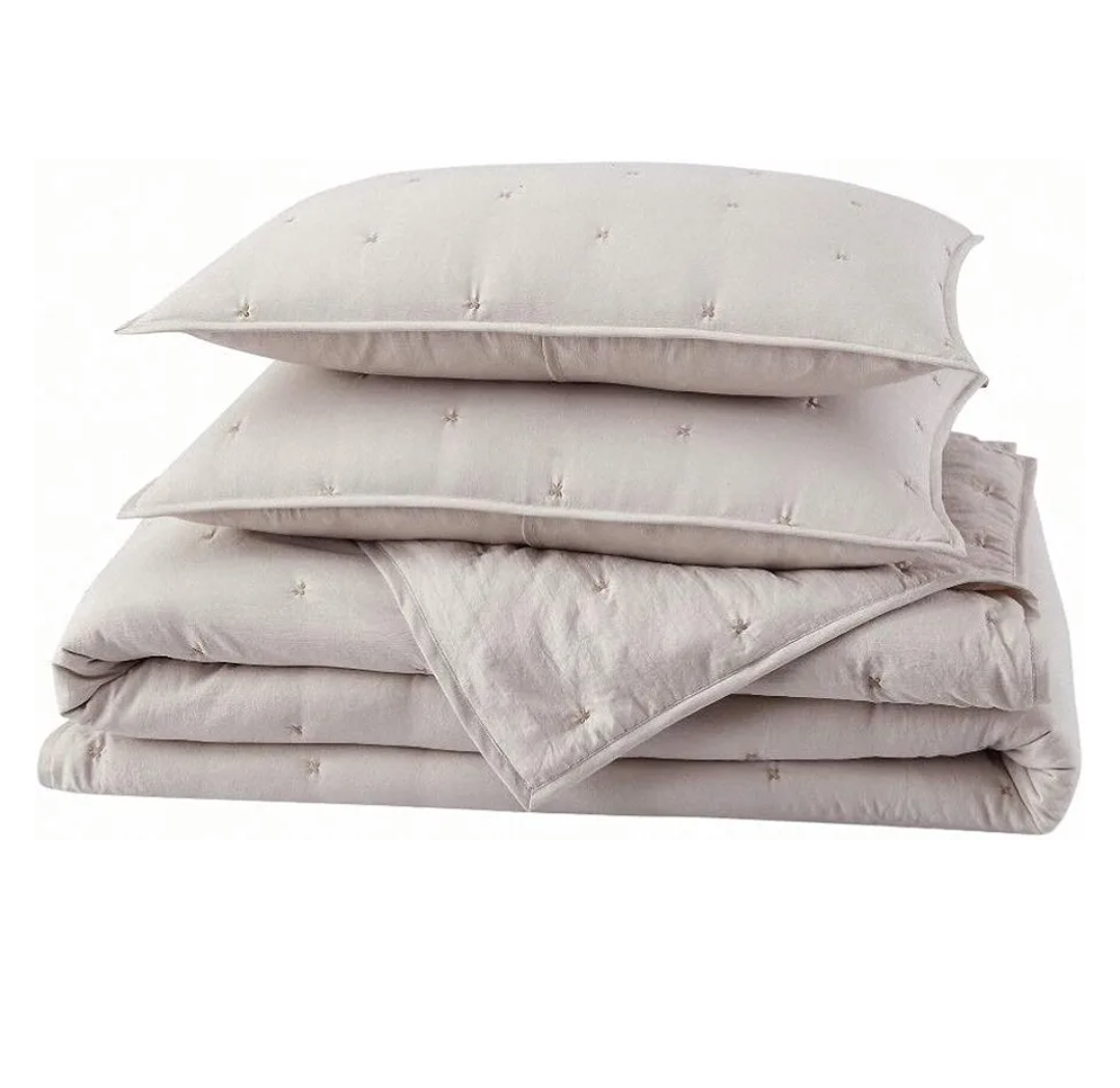 BOURINA Embroidery Quilt Set 3-Piece Oversized King Quilt Set Pre-Washed Microfiber Ultra Soft Lightweight Star Embroidery Bedspread Coverlet Set, Beige