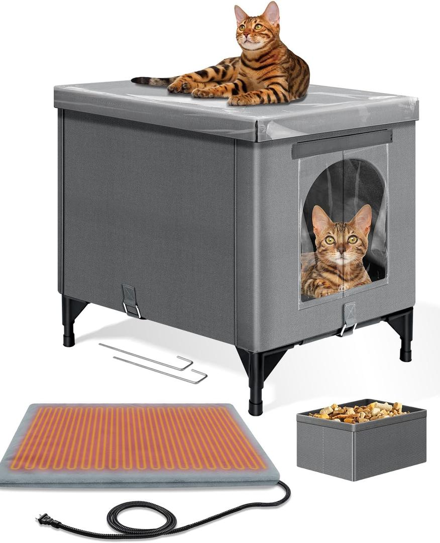 Heated Cat House for Outside, Foldable Outdoor Cat House for Winter Insulated Waterproof with Thermostatic Pet Heating Pad, Cat Shelter with PVC Roof &Door for Outside Stray Barn Cat (Gray, Extra Large)