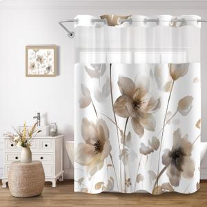 No Hook Shower Curtain and Liner Set, Brown Boho Floral Shower Curtains for Bathroom, Watercolor Flower Waterproof Bathroom Curtain Sets with Snap in Liner, 71x77 Inch