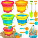Shemira Collapsible Beach Sand Toys for Kids Toddlers, Collapsible Sand Bucket and Sifter Shovels Set with Mesh Bag, Travel Beach Sandbox Toys for Boys Girls 3 4 5 6 7 8 9 10, Beach Essentials