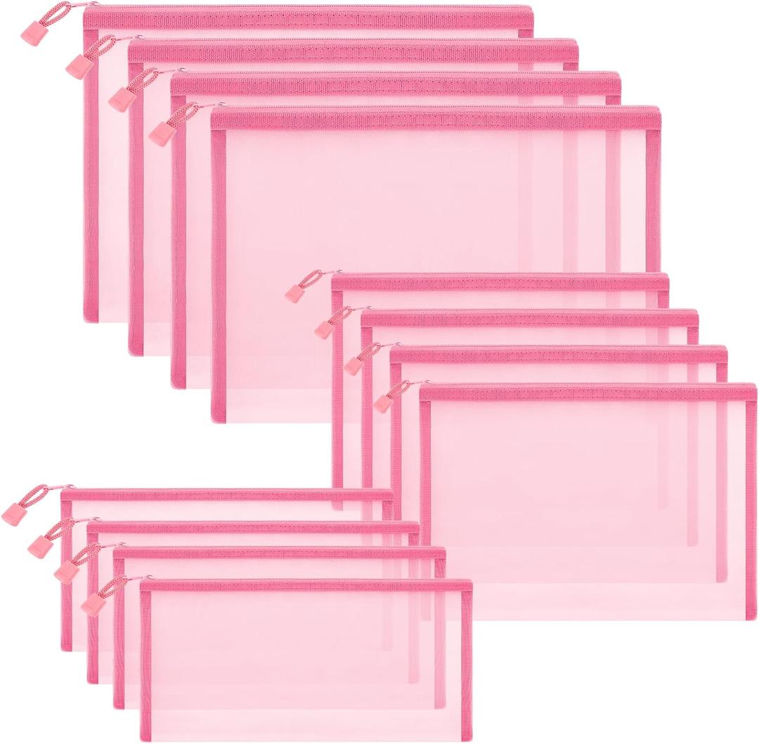 12 Pieces Zipper Nylon Mesh Pouch, Mesh Cosmetic Bags Makeup Bags Pencil Case, Multipurpose Travel Bags for Cosmetic School Office Supplies and Travel Accessories (Light Pink, Assorted Sizes)