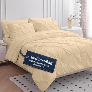 LANE LINEN Queen Size Comforter Set - 7 Piece HotelQuality, Queen Bed in a Bag - Soft-Touch Microfiber - Pintuck-Stitch Bedding Collection - All-Season Bed Set with Easy Care Comforters - Beige