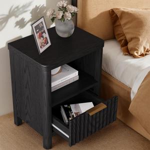 Nightstand Night Stand with Drawer Storage, Large Modern Wood Bed Side Table with Fluted Panel, Mid Century Farmhouse Sofa Couch End Table for Bedroom (Black, 20 * 15Inch /1 Piece)