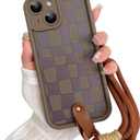 SOKAD for iPhone 13 Case, Cute Checkered Checkerboard Pattern Phone Case with Wrist Strap for Girls Women, Slim Soft Silicone Camera Protection Shockproof Case Cover, Brown