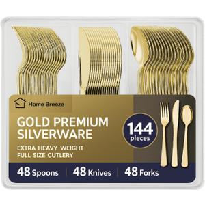 144 Pack Gold Premium Plastic Cutlery Disposable Silverware Set - 48 Forks, 48 Knives, 48 Spoons - For Catering, Parties, Dinners, Weddings, and Everyday Use, Plastic box packaging