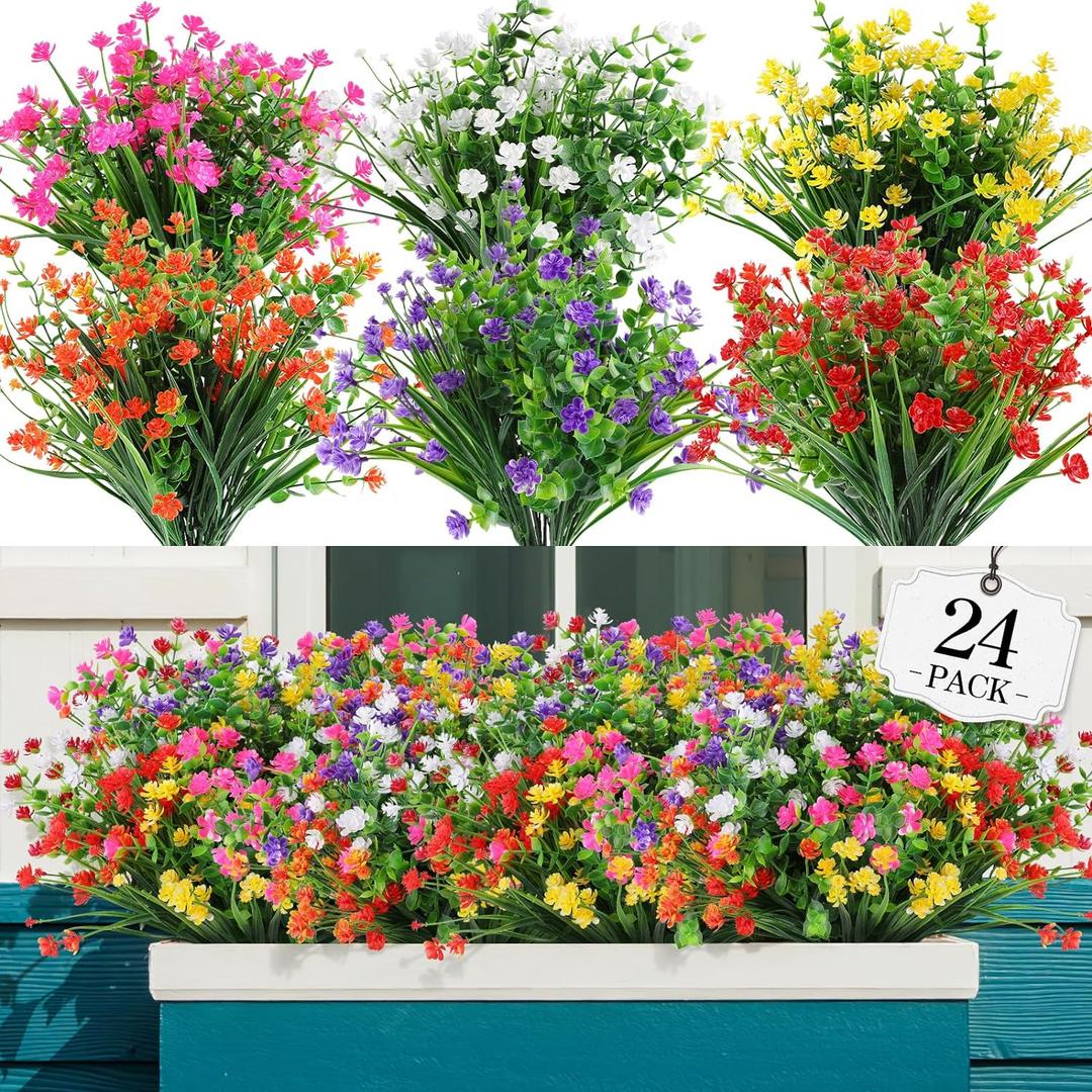 AGIRL 24 Bundles Artificial Flowers Outdoor,No Fade Fake Plastic Flowers Faux Plants for Decoration Hanging Planters Indoor Outside Garden Porch Window Box Home Farmhouse Wedding (6 Mix Colors)
