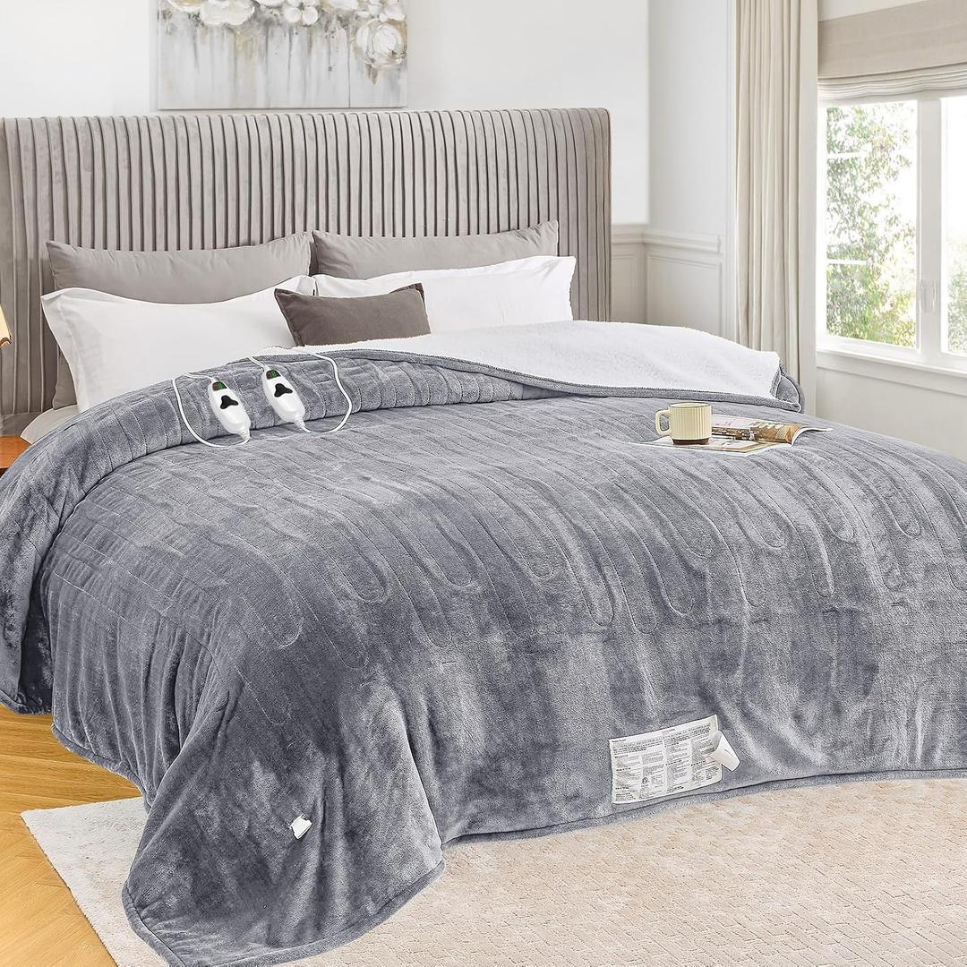 Greenoak Heated Blanket Electric Queen Size 84"X90" Dual Control, Heating Blanket with 10 Heat Levels 8 Hours Auto-Off, Fleece Soft Gifts for Grandma Seniors Mom,Misty Grey