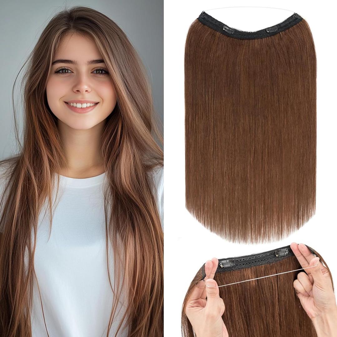 Rich Choices Halo Hair Extensions Real Human Hair 100% Remy Human Hair Halo Extensions for Women Invisible Wire Hair Extensions 16 Inch #4 Medium Brown