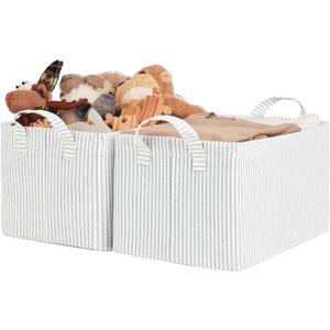 StorageWorks Storage Bins, Shelves Baskets for Organizing, Fabric Closet Organizers with Handles, Metal Frame, Gray and White Stripes, 2-Pack (14 " L x 10 " W x 8 " H)