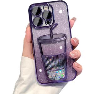 3D Bling Sparkle Plating Juice Bottle Designer Phone Case Compatible with iPhone 15 Pro, Cute Liquid Floating Gradient Glitter Quicksand Cup Phone Case Cover with Camera Protection for Women - Purple