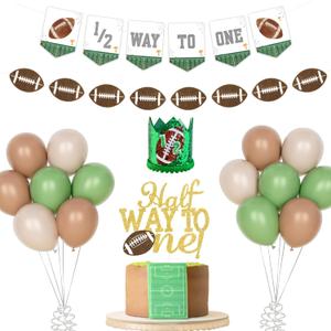 Costova Football Half Birthday Party Decorations, 6 Months Birthday Decorations for Boy, Touchdown Themed 1/2 Way to One Banner Cake Topper Hat Balloons for Sport Ball Party Supplies