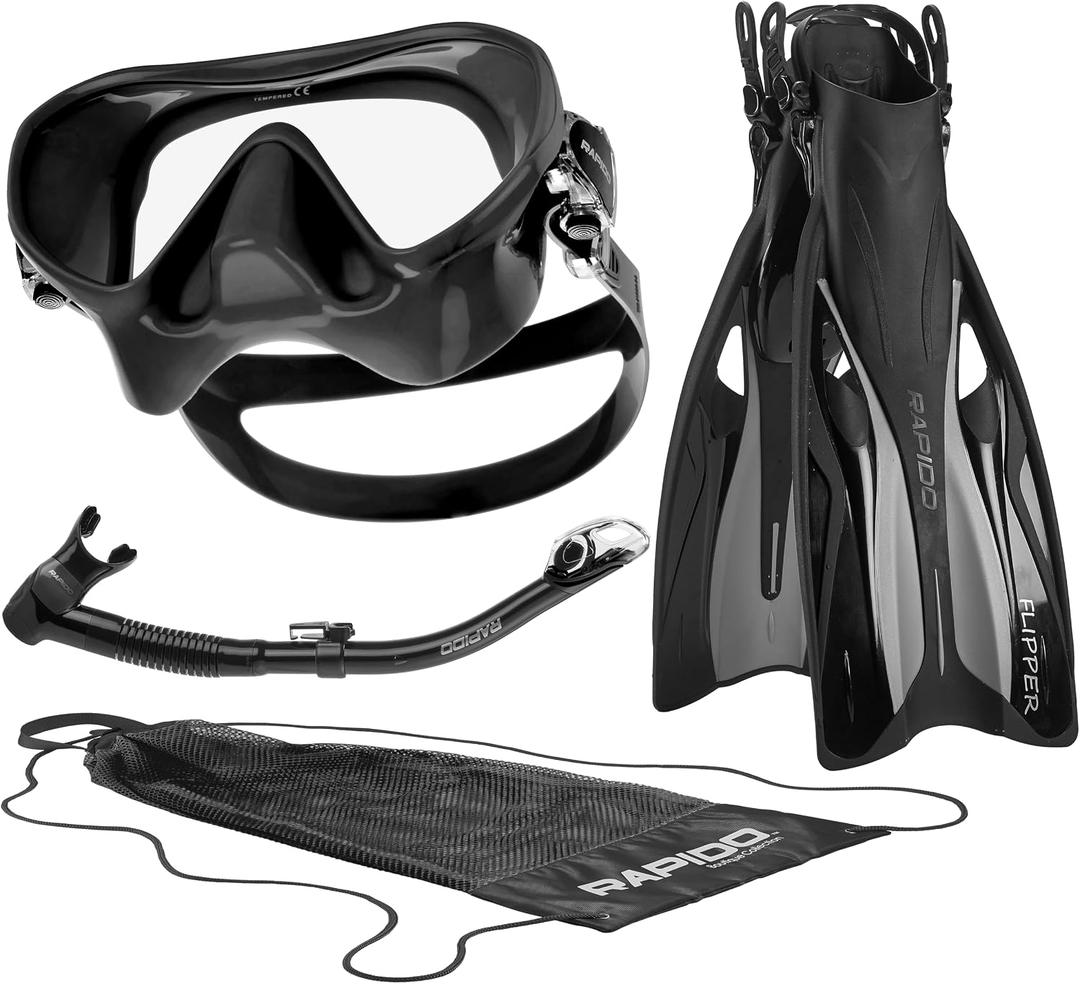 Italian Design Premium Tempered Glass Lens Anti-Fog Panoramic View Frameless Snorkel Mask, Elite Dry Snorkel Tube, Adjustable Fins - Mask Fin Snorkel Set (S/M, 6-9 / EU: 38-42, Noire)