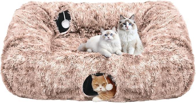 Extra Large Cat Tunnel Bed, 4 Ways Tunnels for Indoor Cats, Multi-cat Family Pet Bed & Cave, Plush Cat Donut with Washable Middle Mat, Exit Balls, Pet Play Toy for Kitten Puppy Rabbit, Brown