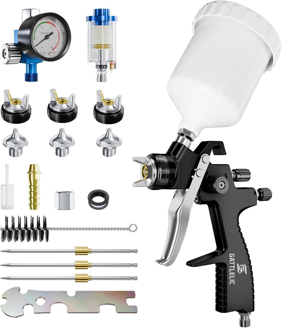 LVLP Air Spray Gun Premium Kit with 1.3/1.5/1.7mm Nozzle & Air Regulator,Automotive Paint Sprayer, for Cars & House DIY Painting Gun(Black)