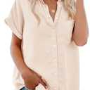 Womens Button Down Casual Shirts Cotton Short Sleeve Blouses Solid Summer Tops with Pocket M