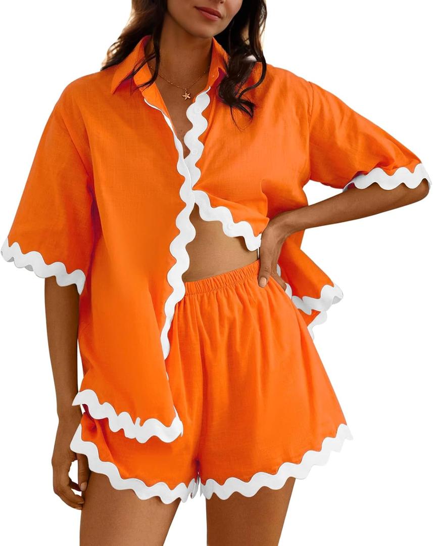 Fixmatti Women Two Piece Summer Sets Short Sleeve Button Down Shirts (Orange, M)