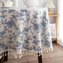LOVOUS Linen Floral Round Tablecloth 48 Inch  Washable Vintage Blue Table Cloth for Indoor & Outdoor Dining, Restaurant, Picnic, Pastoral Table Cover Decor