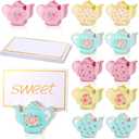Kigley 18 Pcs Teapot Wooden Place Card Holder with 25 Pcs Gold Foil Card Tea Floral Party Wooden Table Sign Teapot Picture Number Sign Stands Holder for Wonderland Tea Party Baby Shower (Cute)