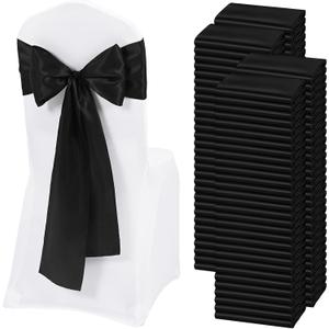120 PCS Black Satin Chair Sashes, Ties Bows Designed Chairs Decorative, Chair Cover Sashes for Thanksgiving Wedding Christmas Banquet Party Home Kitchen Decoration (7 x 108 inch)