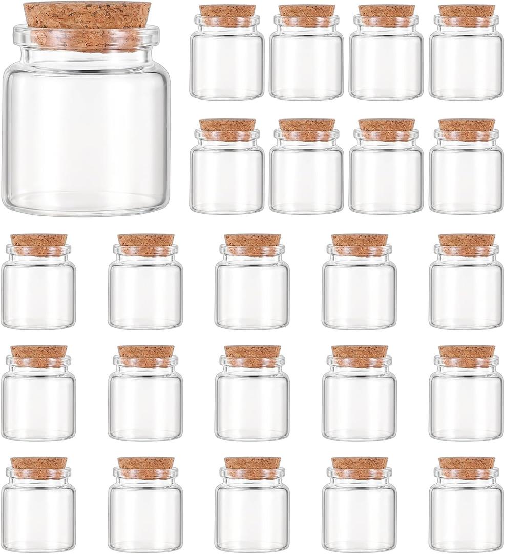 24Pack Glass Bottles with Lids, 50ml Small Glass Bottles with Cork Stopper Storage, Decorative Empty Mini Glasses Bottle for DIY Art Crafts, Projects Decoration, Party Supplies,Wedding