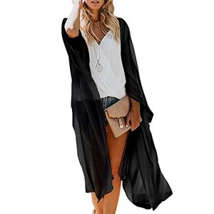 Women's Boho Long Kimono Cardigan Dusters Summer Lightweight Chiffon Sheer Beach Swimsuit Swimwear Bathing Suit Bikini Cover Ups Coverup Plus Size Resort Wear Solid Color Black Small