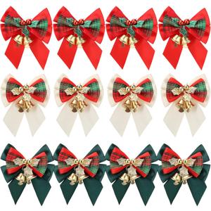 Lucleag 12Pcs Christmas Wreath Bow, Mini Christmas Bow for Wreath Christmas Tree Gift Box Decoration, White Red Green Bell Bow Christmas Small Bow for Christmas Party Supplies Xmas Decoration
