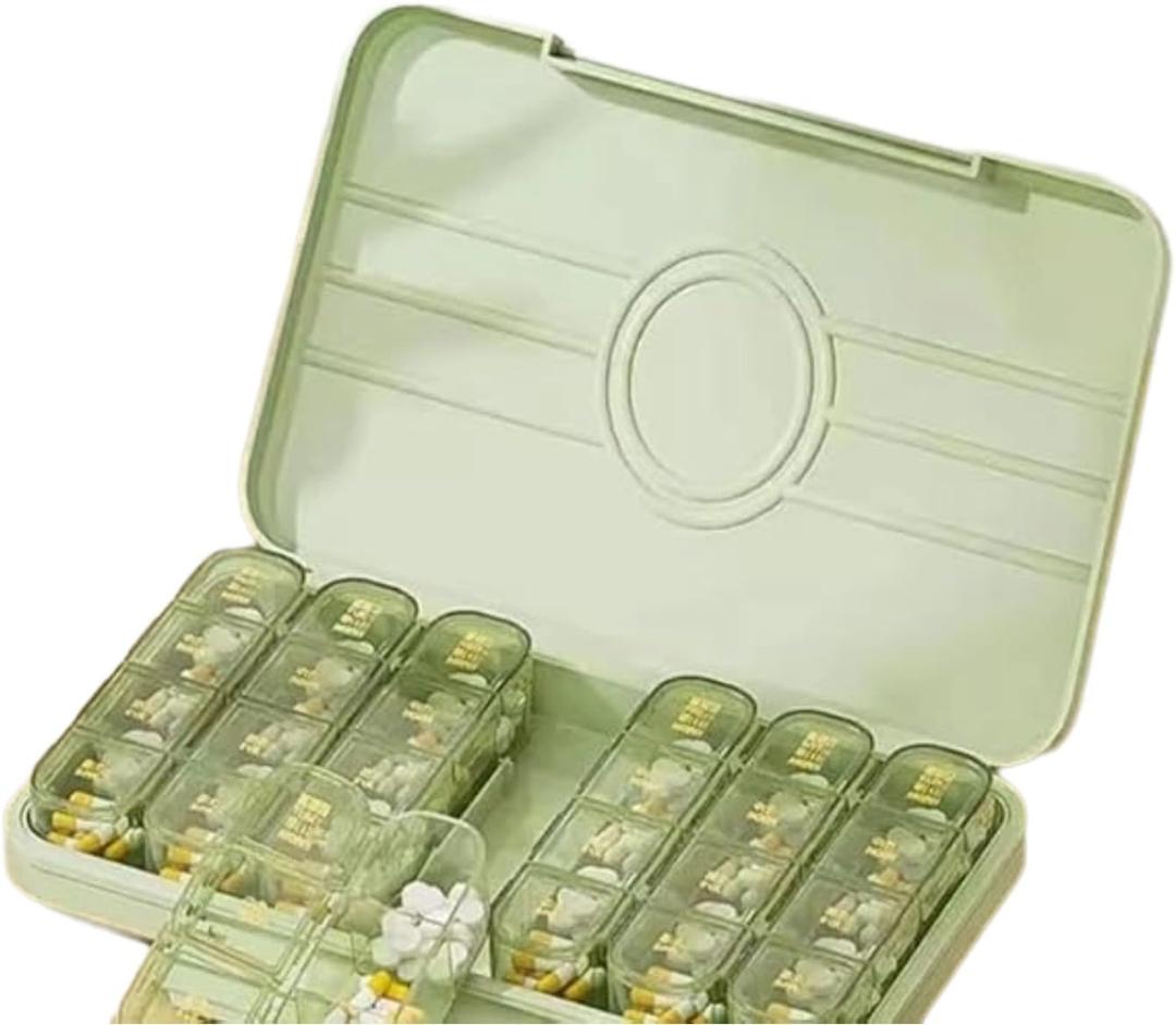 Weekly Pill Organizer 4 Times A Day, Large Capacity Pill Case with 28 Cells, Push Button 7 Day Pill Box for Vitamin/ Cod Liver Oil/ Supplements (Cream Green, 28 Cells)