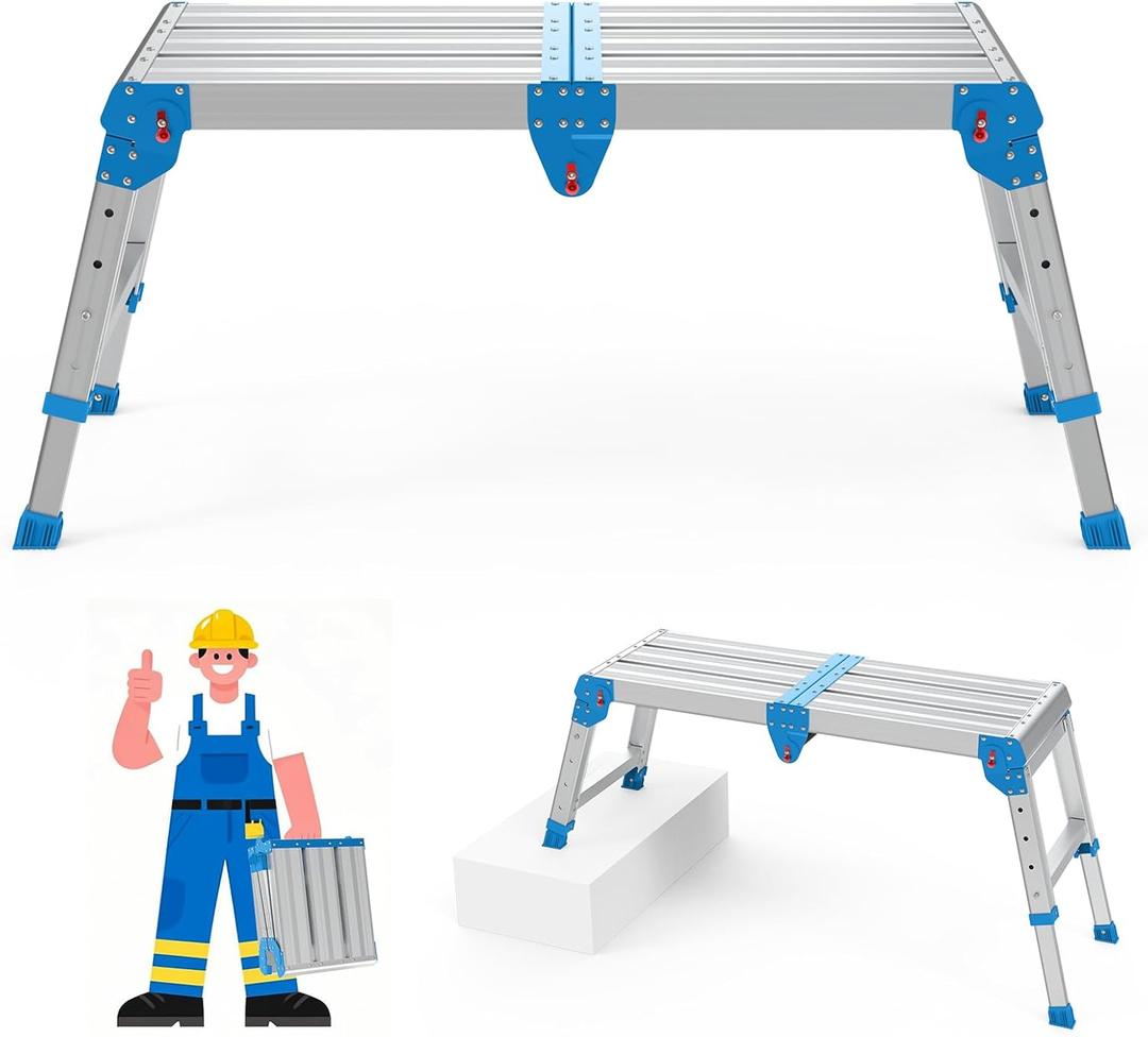 Work Platform 500 Lbs, Folding Step Stool with One-Touch Automatic Fold, 4 Height Adjustment Step Platform, Perfect for RV Cleaning, Home Painting and Reaching High Places, Larger, Blue