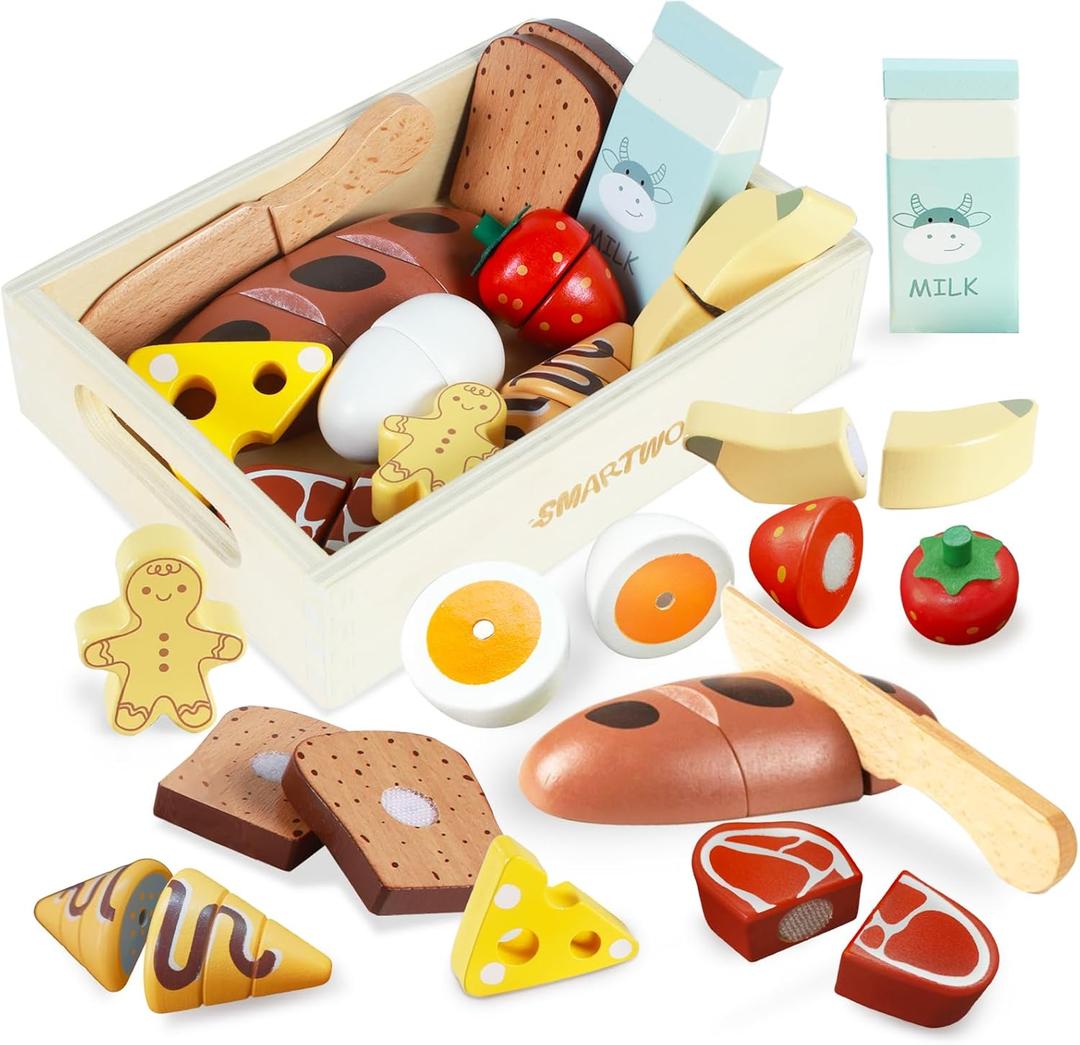 Wooden Play Food Sets for Kids Kitchen, Breakfast Food Toys for Toddlers 3+ Year Old, Pretend Food Play Cutting Bakery Accessories, Montessori Educational Toys, Gift for Boys Girls