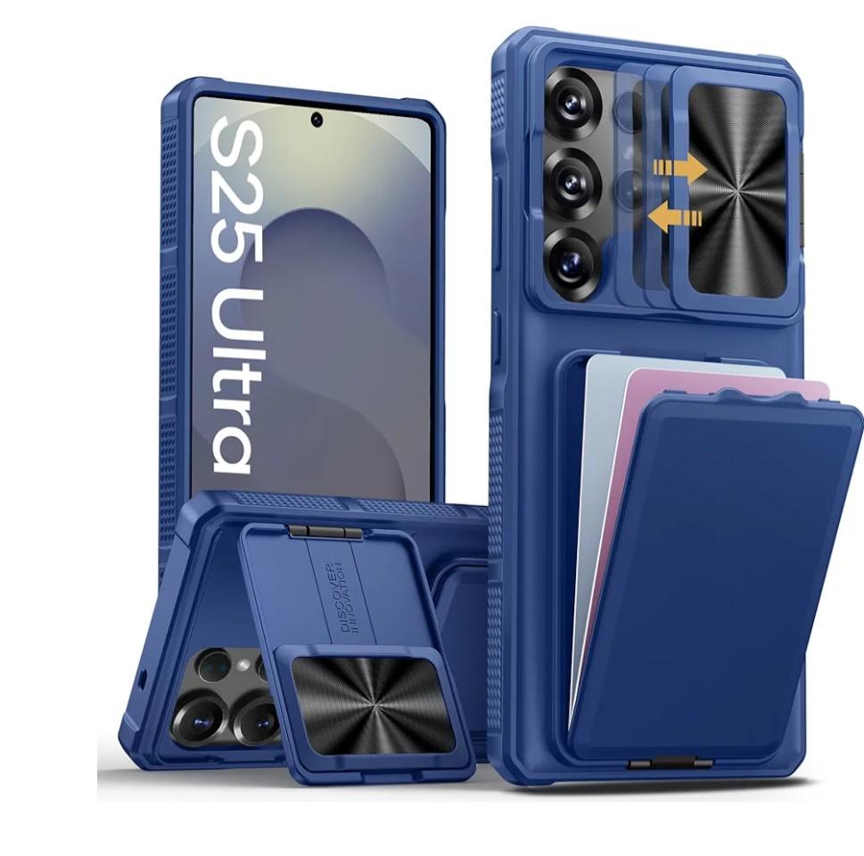 SSLOTSCASE for Samsung Galaxy S25 Ultra Case with Stand & Credit Card Holder & Sliding Camera Cover, Full-Body Drop Proof TPU Soft Silicone Edge Protective Case Cover for Galaxy S25 Ultra 6.9‘’, Blue