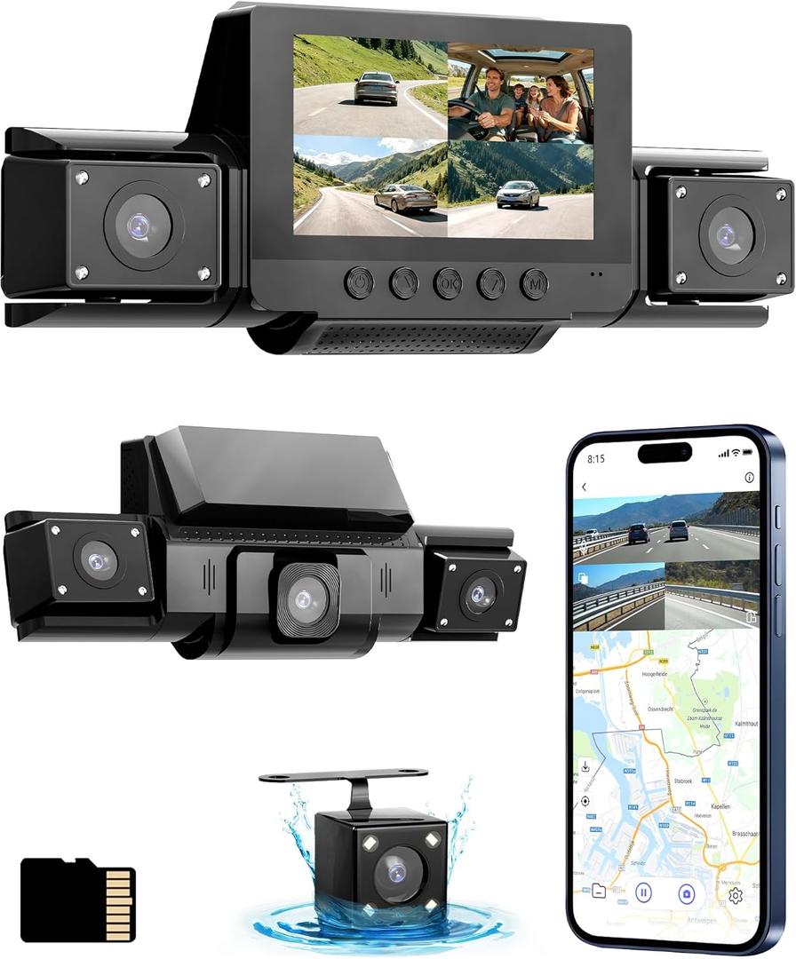 4 Channel Dash Cam 360 View Front Rear Left Right Car Camera,GPS and 5GHz Band WiFi,APP Control,GSensor,24H Parking Mode,8PCS IR Lights Night Vision,Wide Angle,WDR,Included Free TF Card