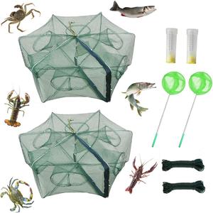 1/2 Pcs Fishing Bait Trap Foldable Crab Crayfish Fish Minnow Crawdad Shrimp Net Cast Portable (2Pcs 6 holes)