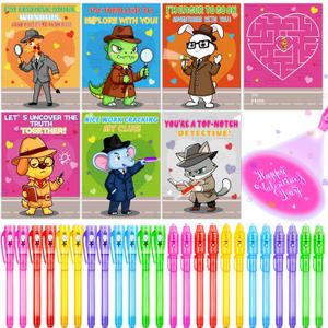 24 Pack Valentines Day Cards for Kids Classroom with Valentine Pens Valentines Magic Spy Pen Gifts for Classroom Exchange Rewards Party Favors Prizes