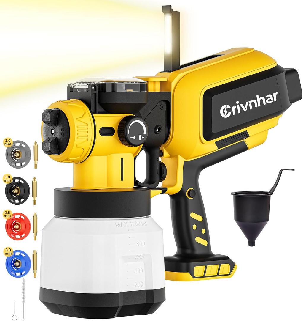 Cordless Paint Sprayer 70000RPM Compatible for DeWALT 20V Battery,1200mL Handheld HVLP AUTO Paint Sprayer with Brushless Motor for Home Furniture Deck Walls Ceiling Cabinets Fence Door(No Battery) (Yellow)