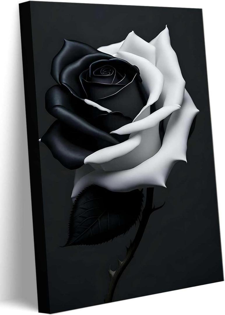 Black And White Rose Canvas Wall Art Modern Rose Flower Poster Print Wall Decor Picture Rustic Floral Painting for Living Room Bedroom Bathroom Farmhouse Home Decoration 16"X24"