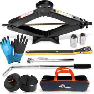 Car Jack Kit 3 Ton (6,600 lbs) with Tesla Pad & Universal Rubber Pad | Scissor Jack for Car - Tire Jack Tool Kit | Portable, Ideal for SUV and Auto - Universal Emergency Kit with Lug Wrench