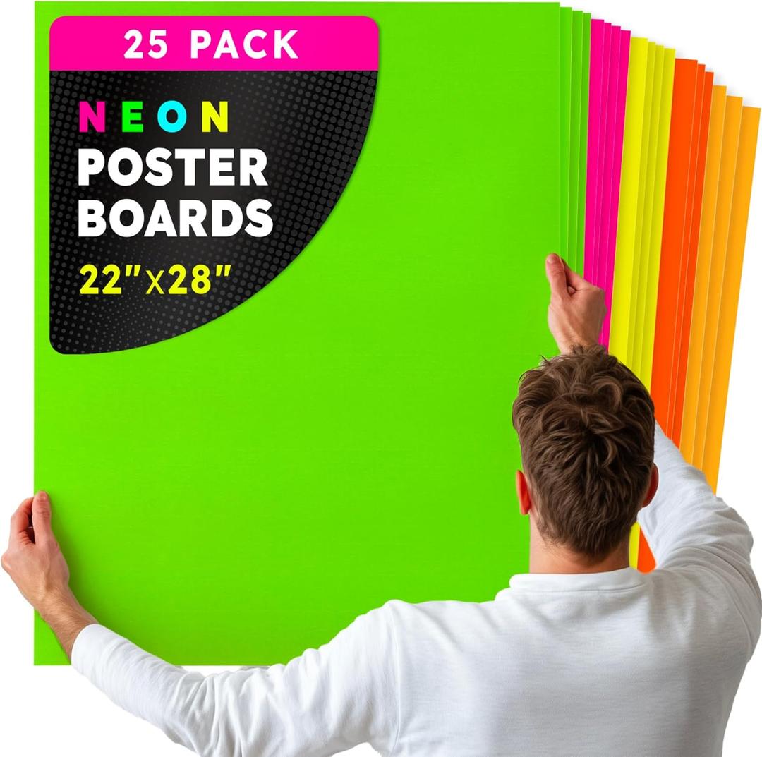 Hygloss Large Poster Board 22x28 - 25 Assorted Neon Color Poster Boards Bulk Pack - 10 Pt. Thickness Colored Poster Board Paper for Projects, Signs, Displays, Crafts - Posterboard Multipack 22" x 28"