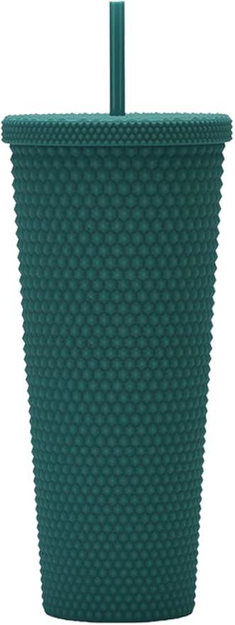 24oz Fully Studded Tumbler.Matte Greenblack Studded Tumbler with Lid and Straw.Reusable Double Walled Insulated Travel Tumbler.Plastic Acrylic Pastel Colored Tumbler Cup for Iced Coffee Smoothie.
