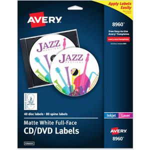 Avery Printable Full-Face CD Labels, Matte White, Permanent Adhesive, Laser/Inkjet Printable, 40 Disc & 80 Spine Labels, Ideal for CDs, DVDs, PC Discs, Media Projects & More (8960) (4 1/2" diameter)